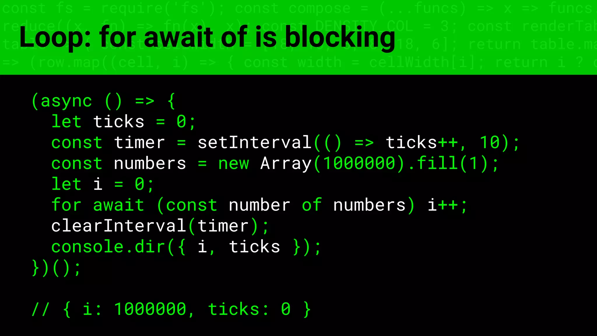 const fs = require('fs'); const compose = (...funcs) => x => funcs.
reduce((x, fn) => fn(x), x); const DENSITY_COL = 3; const renderTab
table => { const cellWidth = [18, 10, 8, 8, 18, 6]; return table.ma
=> (row.map((cell, i) => { const width = cellWidth[i]; return i ? c
Loop: for await of is blocking
(async () => {
let ticks = 0;
const timer = setInterval(() => ticks++, 10);
const numbers = new Array(1000000).fill(1);
let i = 0;
for await (const number of numbers) i++;
clearInterval(timer);
console.dir({ i, ticks });
})();
// { i: 1000000, ticks: 0 }
 