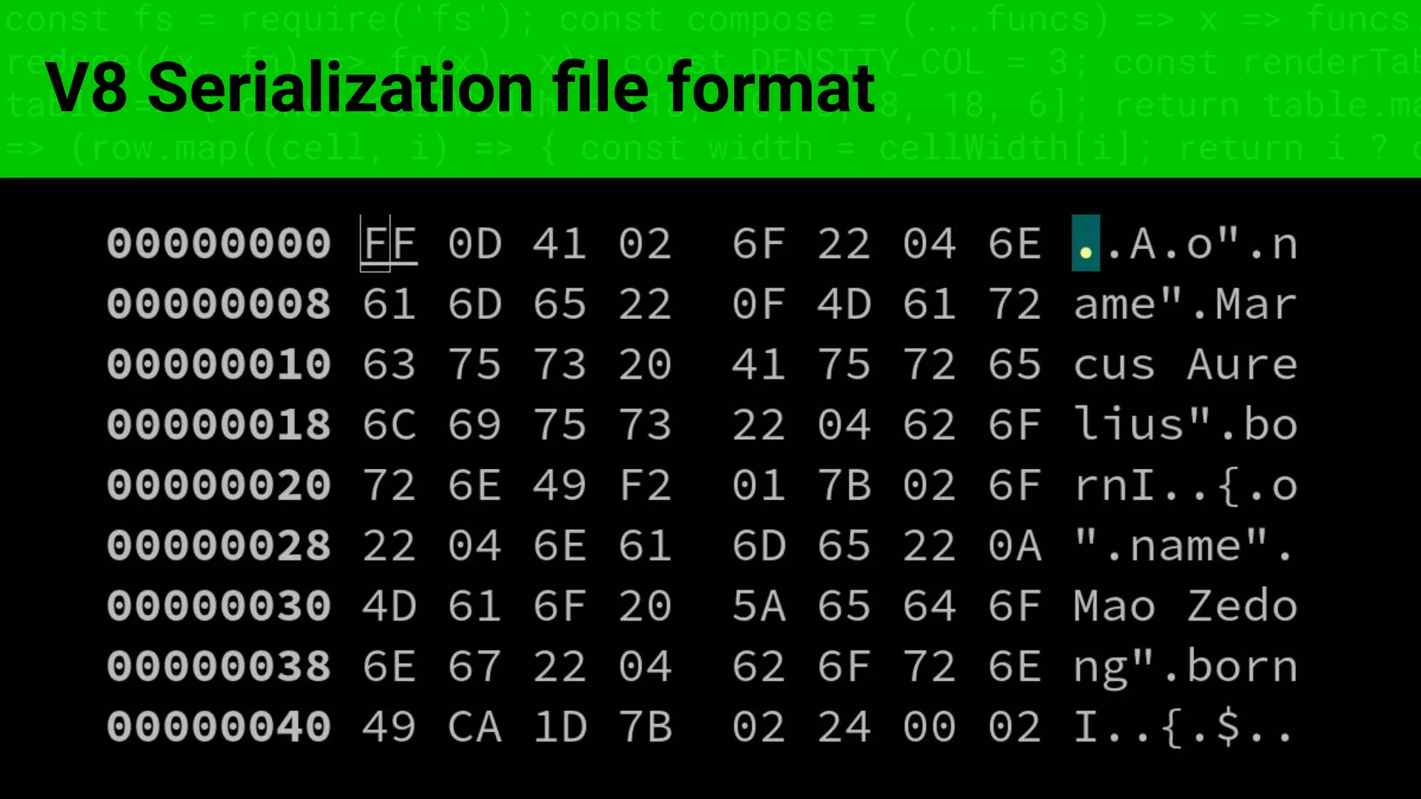 const fs = require('fs'); const compose = (...funcs) => x => funcs.
reduce((x, fn) => fn(x), x); const DENSITY_COL = 3; const renderTab
table => { const cellWidth = [18, 10, 8, 8, 18, 6]; return table.ma
=> (row.map((cell, i) => { const width = cellWidth[i]; return i ? c
V8 Serialization ﬁle format
 