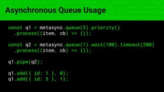 const fs = require('fs'); const compose = (...funcs) => x => funcs.
reduce((x, fn) => fn(x), x); const DENSITY_COL = 3; const renderTab
table => { const cellWidth = [18, 10, 8, 8, 18, 6]; return table.ma
=> (row.map((cell, i) => { const width = cellWidth[i]; return i ? c
Asynchronous Queue Usage
const q1 = metasync.queue(3).priority()
.process((item, cb) => {});
const q2 = metasync.queue(1).wait(100).timeout(200)
.process((item, cb) => {});
q1.pipe(q2);
q1.add({ id: 1 }, 0);
q1.add({ id: 3 }, 1);
 