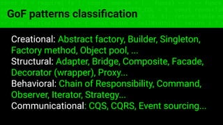 const fs = require('fs'); const compose = (...funcs) => x => funcs.
reduce((x, fn) => fn(x), x); const DENSITY_COL = 3; const renderTab
table => { const cellWidth = [18, 10, 8, 8, 18, 6]; return table.ma
=> (row.map((cell, i) => { const width = cellWidth[i]; return i ? c
GoF patterns classiﬁcation
Creational: Abstract factory, Builder, Singleton,
Factory method, Object pool, ...
Structural: Adapter, Bridge, Composite, Facade,
Decorator (wrapper), Proxy...
Behavioral: Chain of Responsibility, Command,
Observer, Iterator, Strategy...
Communicational: CQS, CQRS, Event sourcing...
 