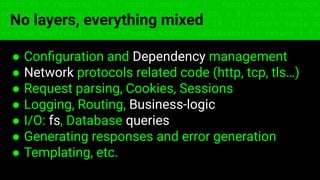 const fs = require('fs'); const compose = (...funcs) => x => funcs.
reduce((x, fn) => fn(x), x); const DENSITY_COL = 3; const renderTab
table => { const cellWidth = [18, 10, 8, 8, 18, 6]; return table.ma
=> (row.map((cell, i) => { const width = cellWidth[i]; return i ? c
No layers, everything mixed
● Conﬁguration and Dependency management
● Network protocols related code (http, tcp, tls…)
● Request parsing, Cookies, Sessions
● Logging, Routing, Business-logic
● I/O: fs, Database queries
● Generating responses and error generation
● Templating, etc.
 
