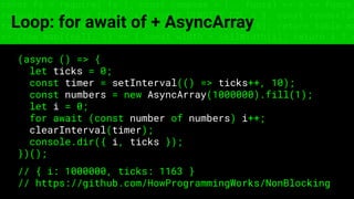const fs = require('fs'); const compose = (...funcs) => x => funcs.
reduce((x, fn) => fn(x), x); const DENSITY_COL = 3; const renderTab
table => { const cellWidth = [18, 10, 8, 8, 18, 6]; return table.ma
=> (row.map((cell, i) => { const width = cellWidth[i]; return i ? c
Loop: for await of + AsyncArray
(async () => {
let ticks = 0;
const timer = setInterval(() => ticks++, 10);
const numbers = new AsyncArray(1000000).fill(1);
let i = 0;
for await (const number of numbers) i++;
clearInterval(timer);
console.dir({ i, ticks });
})();
// { i: 1000000, ticks: 1163 }
// https://github.com/HowProgrammingWorks/NonBlocking
 