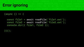 const fs = require('fs'); const compose = (...funcs) => x => funcs.
reduce((x, fn) => fn(x), x); const DENSITY_COL = 3; const renderTab
table => { const cellWidth = [18, 10, 8, 8, 18, 6]; return table.ma
=> (row.map((cell, i) => { const width = cellWidth[i]; return i ? c
Error ignoring
(async () => {
const file1 = await readFile('file1.ext');
const file2 = await readFile('file2.ext');
console.dir({ file1, file2 });
})();
 