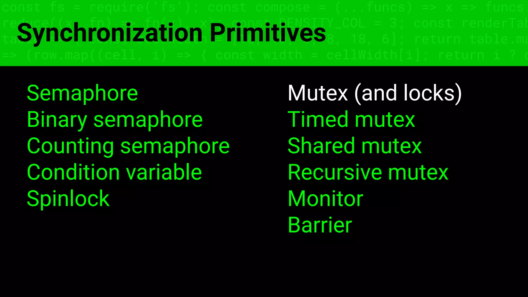 const fs = require('fs'); const compose = (...funcs) => x => funcs.
reduce((x, fn) => fn(x), x); const DENSITY_COL = 3; const renderTab
table => { const cellWidth = [18, 10, 8, 8, 18, 6]; return table.ma
=> (row.map((cell, i) => { const width = cellWidth[i]; return i ? c
Synchronization Primitives
Semaphore
Binary semaphore
Counting semaphore
Condition variable
Spinlock
Mutex (and locks)
Timed mutex
Shared mutex
Recursive mutex
Monitor
Barrier
 