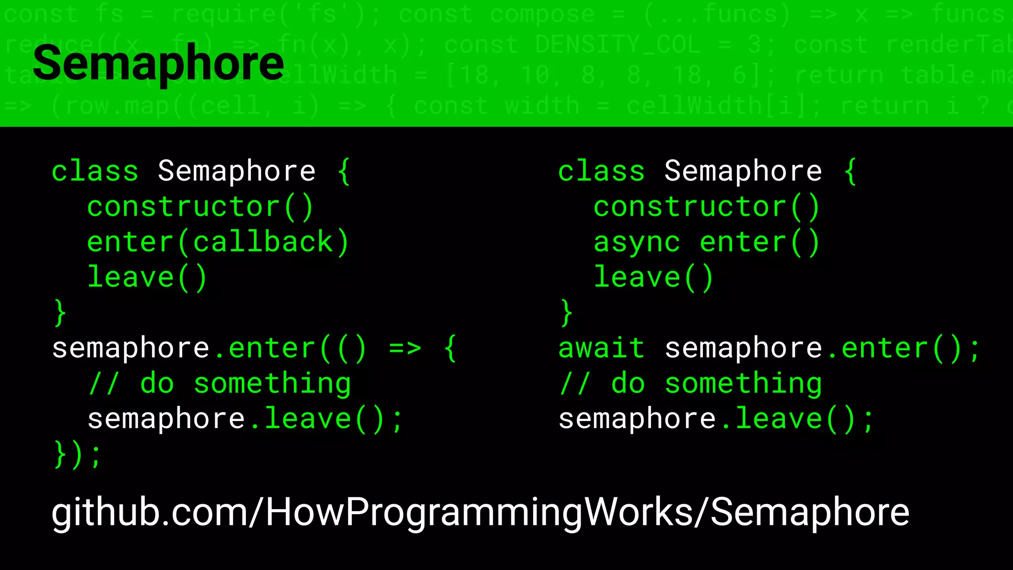 const fs = require('fs'); const compose = (...funcs) => x => funcs.
reduce((x, fn) => fn(x), x); const DENSITY_COL = 3; const renderTab
table => { const cellWidth = [18, 10, 8, 8, 18, 6]; return table.ma
=> (row.map((cell, i) => { const width = cellWidth[i]; return i ? c
Semaphore
class Semaphore {
constructor()
enter(callback)
leave()
}
semaphore.enter(() => {
// do something
semaphore.leave();
});
github.com/HowProgrammingWorks/Semaphore
class Semaphore {
constructor()
async enter()
leave()
}
await semaphore.enter();
// do something
semaphore.leave();
 