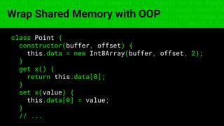 const fs = require('fs'); const compose = (...funcs) => x => funcs.
reduce((x, fn) => fn(x), x); const DENSITY_COL = 3; const renderTab
table => { const cellWidth = [18, 10, 8, 8, 18, 6]; return table.ma
=> (row.map((cell, i) => { const width = cellWidth[i]; return i ? c
Wrap Shared Memory with OOP
class Point {
constructor(buffer, offset) {
this.data = new Int8Array(buffer, offset, 2);
}
get x() {
return this.data[0];
}
set x(value) {
this.data[0] = value;
}
// ...
 
