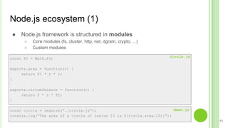 Node.js ecosystem (1)
● Node.js framework is structured in modules
○ Core modules (fs, cluster, http, net, dgram, crypto, ...