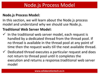 Node.js Process Model
Node.js Process Model:
In this section, we will learn about the Node.js process
model and understand why we should use Node.js.
Traditional Web Server Model:
 In the traditional web server model, each request is
handled by a dedicated thread from the thread pool. If
no thread is available in the thread pool at any point of
time then the request waits till the next available thread.
 Dedicated thread executes a particular request and does
not return to thread pool until it completes the
execution and returns a response.traditional web server
model
www.collaborationtech.co.in
 