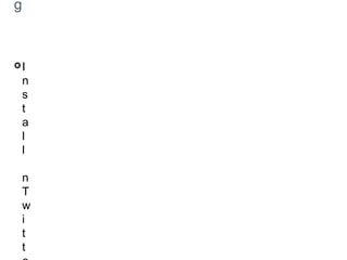 Example-5: Twitter Streaming
Install nTwitter module using npm:
Npm install ntwitter
Code:
var twitter = require('ntwitter');
var twit = new twitter({
consumer_key: ‘c_key’,
consumer_secret: ‘c_secret’,
access_token_key: ‘token_key’,
access_token_secret: ‘token_secret’});
twit.stream('statuses/sample', function(stream) {
stream.on('data', function (data) {
console.log(data); });
});
 
