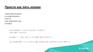 Просто как пять копеек
$ mkdir simple-microservice
$ cd simple-microservice
$ npm init
$ npm install express –save
$ cat app.js
 