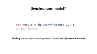 Synchronous model?
Blocking the whole process or you need to have multiple execution stacks
 