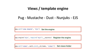 Pug - Mustache - Dust - Nunjuks - EJS
Views / template engine
 