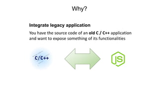 Why?
Integrate legacy application
You have the source code of an old C / C++ application
and want to expose something of its functionalities
 