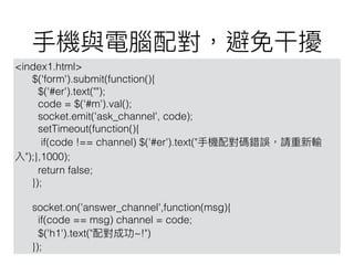 <index1.html>
$('form').submit(function(){
$('#er').text("");
code = $('#m').val();
socket.emit('ask_channel', code);
setTimeout(function(){
if(code !== channel) $('#er').text("
");},1000);
return false;
});
socket.on('answer_channel',function(msg){
if(code == msg) channel = code;
$('h1').text(" ~!")
});
 