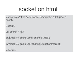 socket on html
<script src=/SkyWang5/nodejs-partysocket-demo/"https:/cdn.socket.io/socket.io-1.2.0.js"></
script>
<script>
var socket = io();
msg => socket.emit(channel',msg);
msg => socket.on('channel', function(msg){});
</script>
 