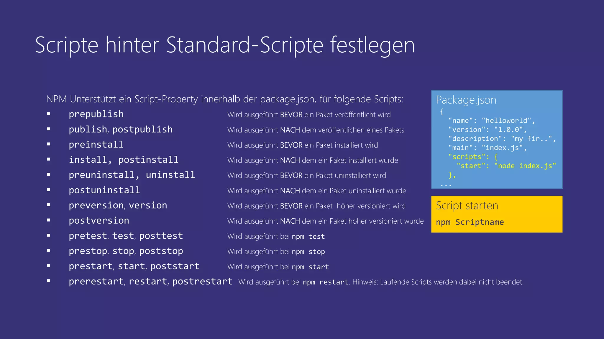 Scripte hinter Standard-Scripte festlegen
NPM Unterstützt ein Script-Property innerhalb der package.json, für folgende Scripts:
 prepublish Wird ausgeführt BEVOR ein Paket veröffentlicht wird
 publish, postpublish Wird ausgeführt NACH dem veröffentlichen eines Pakets
 preinstall Wird ausgeführt BEVOR ein Paket installiert wird
 install, postinstall Wird ausgeführt NACH dem ein Paket installiert wurde
 preuninstall, uninstall Wird ausgeführt BEVOR ein Paket uninstalliert wird
 postuninstall Wird ausgeführt NACH dem ein Paket uninstalliert wurde
 preversion, version Wird ausgeführt BEVOR ein Paket höher versioniert wird
 postversion Wird ausgeführt NACH dem ein Paket höher versioniert wurde
 pretest, test, posttest Wird ausgeführt bei npm test
 prestop, stop, poststop Wird ausgeführt bei npm stop
 prestart, start, poststart Wird ausgeführt bei npm start
 prerestart, restart, postrestart Wird ausgeführt bei npm restart. Hinweis: Laufende Scripts werden dabei nicht beendet.
Script starten
npm Scriptname
{
"name": "helloworld",
"version": "1.0.0",
"description": "my fir..",
"main": "index.js",
"scripts": {
"start": "node index.js"
},
...
Package.json
 