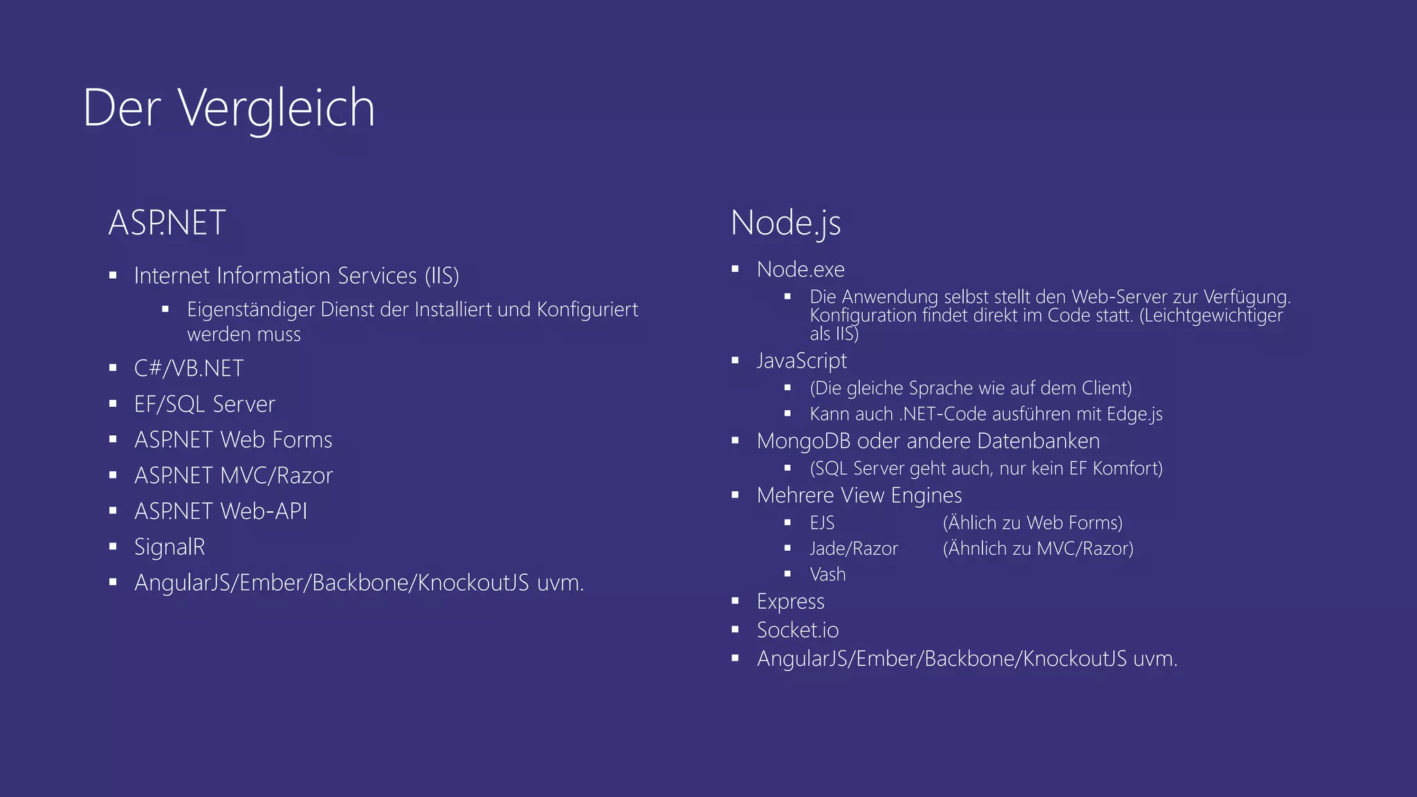 Der Vergleich
ASP.NET
 Internet Information Services (IIS)
 Eigenständiger Dienst der Installiert und Konfiguriert
werden muss
 C#/VB.NET
 EF/SQL Server
 ASP.NET Web Forms
 ASP.NET MVC/Razor
 ASP.NET Web-API
 SignalR
 AngularJS/Ember/Backbone/KnockoutJS uvm.
Node.js
 Node.exe
 Die Anwendung selbst stellt den Web-Server zur Verfügung.
Konfiguration findet direkt im Code statt. (Leichtgewichtiger
als IIS)
 JavaScript
 (Die gleiche Sprache wie auf dem Client)
 Kann auch .NET-Code ausführen mit Edge.js
 MongoDB oder andere Datenbanken
 (SQL Server geht auch, nur kein EF Komfort)
 Mehrere View Engines
 EJS (Ählich zu Web Forms)
 Jade/Razor (Ähnlich zu MVC/Razor)
 Vash
 Express
 Socket.io
 AngularJS/Ember/Backbone/KnockoutJS uvm.
 