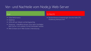 Vor- und Nachteile vom Node.js Web-Server
Gut
 Hohe Performance
 Skalierbar
 JSON-API per Default und leichtgewichtig
 Streaming - Videofilme können schon beim Hochladen
beim Server in ein anderes Format transkodiert werden
 Web-Echtzeit durch Web-Sockets Unterstützung
Schlecht
 Rechenintensive Anwendungen die eine hohe CPU
Auslastung beanspruchen
 