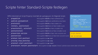 Scripte hinter Standard-Scripte festlegen
NPM Unterstützt ein Script-Property innerhalb der package.json, für folgende Scripts:
 prepublish Wird ausgeführt BEVOR ein Paket veröffentlicht wird
 publish, postpublish Wird ausgeführt NACH dem veröffentlichen eines Pakets
 preinstall Wird ausgeführt BEVOR ein Paket installiert wird
 install, postinstall Wird ausgeführt NACH dem ein Paket installiert wurde
 preuninstall, uninstall Wird ausgeführt BEVOR ein Paket uninstalliert wird
 postuninstall Wird ausgeführt NACH dem ein Paket uninstalliert wurde
 preversion, version Wird ausgeführt BEVOR ein Paket höher versioniert wird
 postversion Wird ausgeführt NACH dem ein Paket höher versioniert wurde
 pretest, test, posttest Wird ausgeführt bei npm test
 prestop, stop, poststop Wird ausgeführt bei npm stop
 prestart, start, poststart Wird ausgeführt bei npm start
 prerestart, restart, postrestart Wird ausgeführt bei npm restart. Hinweis: Laufende Scripts werden dabei nicht beendet.
Script starten
npm Scriptname
{
"name": "helloworld",
"version": "1.0.0",
"description": "my fir..",
"main": "index.js",
"scripts": {
"start": "node index.js"
},
...
Package.json
 