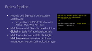 Express Pipeline
 Node.js und Express.js unterstützen
Middleware
 Vergleichbar mit ASP.NET Pipeline oder
ASP.NET MVC/Web-API Filters
 Middleware wird über die use-Funktion
Global für jede Anfrage bereitgestellt
 Middleware kann ebenfalls als Single-
Middleware einer einzelnen Anfrage
mitgegeben werden (z.B. upload.array())
app.use("/", express.static("public"));
app.use(bodyParser.urlencoded({
extended: true
}));
app.post("/api/sayHello", upload.array(),
(request, response) => {
...
});
 