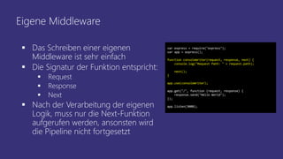 Eigene Middleware
 Das Schreiben einer eigenen
Middleware ist sehr einfach
 Die Signatur der Funktion entspricht:
 Request
 Response
 Next
 Nach der Verarbeitung der eigenen
Logik, muss nur die Next-Funktion
aufgerufen werden, ansonsten wird
die Pipeline nicht fortgesetzt
var express = require("express");
var app = express();
function consoleWriter(request, response, next) {
console.log("Request Path: " + request.path);
next();
}
app.use(consoleWriter);
app.get("/", function (request, response) {
response.send("Hello World");
});
app.listen(3000);
 