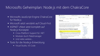 Microsofts Geheimplan: Node.js mit dem ChakraCore
 Microsofts JavaScript Engine ChakraCore
für Node.js
 Microsoft setzt verstärkt auf Cloud-First
 ASP.NET vNext setzt komplett auf
Node.js-Konzepte
 Cross-Plattform Support für .NET
 Modular durch Paketmanager
 Und vieles weitere…
 Tools für die Node.js-Entwicklung
 Visual Studio, VS Code
 