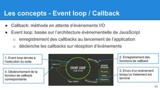 Les concepts - Event loop / Callback 
● Callback: méthode en attente d’événements I/O 
● Event loop: basée sur l’architecture événementielle de JavaScript 
o enregistrement des callbacks au lancement de l’application 
o déclenche les callbacks sur réception d’événements 
1. Event loop lancée à 
l’exécution du code 
2. Enregistrement des 
fonctions de callback 
3. Envoi d’un événement 
lorsqu’un traitement est 
terminé 
4. Déclenchement de la 
fonction de callback 
correspondante 
11 
 