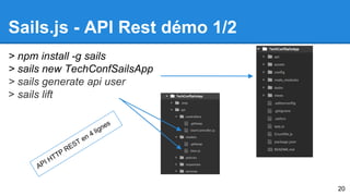 Sails.js - API Rest démo 1/2 
> npm install -g sails 
> sails new TechConfSailsApp 
> sails generate api user 
> sails lift 
20 
 