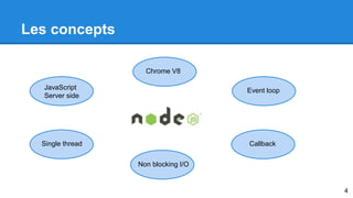 Les concepts 
JavaScript 
Server side 
Event loop 
Chrome V8 
Single thread Callback 
Non blocking I/O 
4 
 