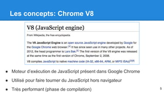 Les concepts: Chrome V8 
● Moteur d’exécution de JavaScript présent dans Google Chrome 
● Utilisé pour faire tourner du JavaScript hors navigateur 
● Très performant (phase de compilation) 5 
 