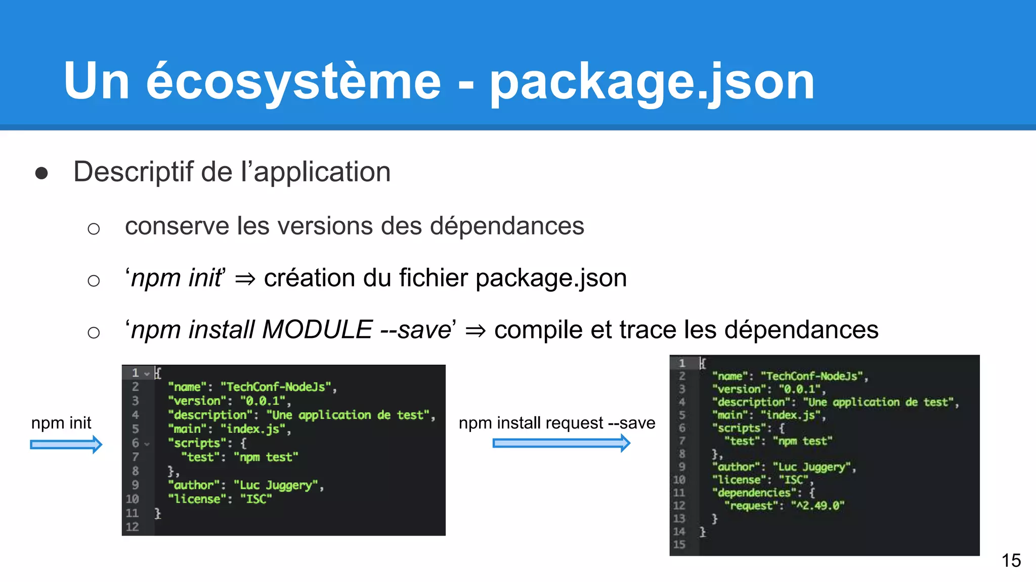 Un écosystème - package.json 
● Descriptif de l’application 
o conserve les versions des dépendances 
o ‘npm init’ ⇒ création du fichier package.json 
o ‘npm install MODULE --save’ ⇒ compile et trace les dépendances 
npm init npm install request --save 
15 
 
