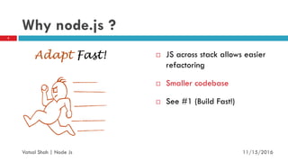 Why node.js ?
 JS across stack allows easier
refactoring
 Smaller codebase
 See #1 (Build Fast!)
Adapt Fast!
11/16/2016
5
Vatsal Shah | Node Js
 