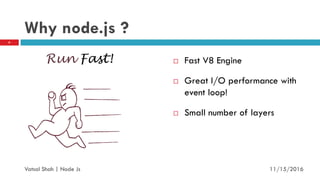 Why node.js ?
Run Fast!  Fast V8 Engine
 Great I/O performance with
event loop!
 Small number of layers
11/16/2016
6
Vatsal Shah | Node Js
 