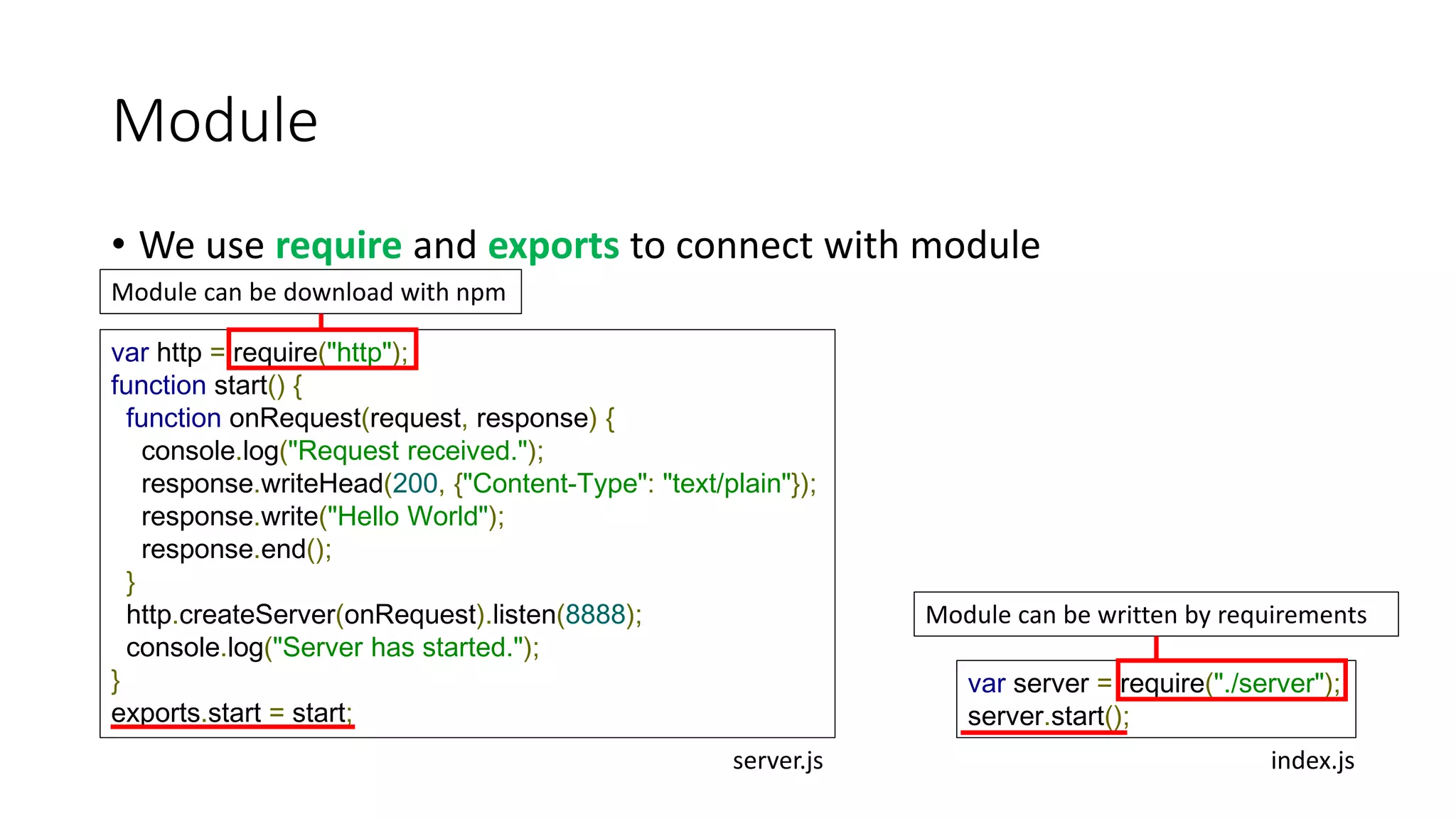Module
• We use require and exports to connect with module
var http = require("http");
function start() {
function onRequest(request, response) {
console.log("Request received.");
response.writeHead(200, {"Content-Type": "text/plain"});
response.write("Hello World");
response.end();
}
http.createServer(onRequest).listen(8888);
console.log("Server has started.");
}
exports.start = start;
Module can be download with npm
var server = require("./server");
server.start();
Module can be written by requirements
server.js index.js
 