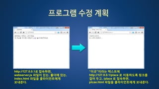 http://127.0.0.1로 접속하면,
webserver.js 파일이 있는, 폴더에 있는,
index.html 파일을 클라이언트에게
보내준다.
“이곳”이라는 텍스트에
http://127.0.0.1/place 로 이동하도록 링크를
걸어 두고, /place 로 접속하면,
plcae.html 파일을 클라이언트에게 보내준다.
 