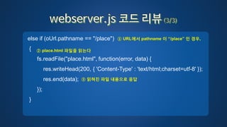 else if (oUrl.pathname == "/place")
{
fs.readFile("place.html", function(error, data) {
res.writeHead(200, { 'Content-Type' : 'text/html;charset=utf-8' });
res.end(data);
});
}
① URL에서 pathname 이 “/place” 인 경우,
② place.html 파일을 읽는다
③ 읽혀진 파일 내용으로 응답
 