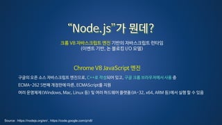 크롬 V8 자바스크립트 엔진 기반의 자바스크립트 런타임
(이벤트 기반, 논 블로킹 I/O 모델)
Chrome V8 JavaScript 엔진
구글의 오픈 소스 자바스크립트 엔진으로, C++로 작성되어 있고, 구글 크롬 브라우저에서사용 중
ECMA-262 5번째 개정판에 따른, ECMAScript를 지원
여러 운영체제(Windows, Mac, Linux 등) 및 여러 하드웨어 플랫폼(IA-32, x64, ARM 등)에서 실행 할 수 있음
Source : https://nodejs.org/en/ , https://code.google.com/p/v8/
 