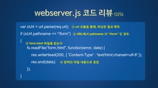 var oUrl = url.parse(req.url);
if (oUrl.pathname == "/form")
{
fs.readFile(“form.html", function(error, data) {
res.writeHead(200, { 'Content-Type' : 'text/html;charset=utf-8' });
res.end(data);
});
}
① url 모듈을 통해, 파싱된 결과 획득
② URL에서 pathname 이 “/form” 인 경우,
③ form.html 파일을 읽는다
④ 읽혀진 파일 내용으로 응답
 