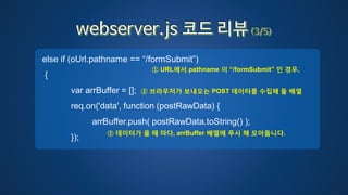else if (oUrl.pathname == “/formSubmit”)
{
var arrBuffer = [];
req.on('data', function (postRawData) {
arrBuffer.push( postRawData.toString() );
});
① URL에서 pathname 이 “/formSubmit” 인 경우,
② 브라우저가 보내오는 POST 데이터를 수집해 둘 배열
③ 데이터가 올 때 마다, arrBuffer 배열에 푸시 해 모아둡니다.
 