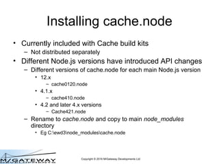 Copyright © 2016 M/Gateway Developments Ltd
cache.node interface
Node.js
Process
Caché
Process
cache.node
module
C++call-i...