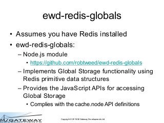 Copyright © 2016 M/Gateway Developments Ltd
ewd-redis-globals
• Assumes you have Redis installed
• ewd-redis-globals:
– No...