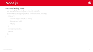 ©2015 Couchbase Inc. 12
Node.js
function query(sql, done) {
var queryToRun = myQuery.fromString(sql);
myBucket.query(queryToRun, function(error, result) {
if(error) {
console.log(“ERROR: “, error);
done(error, null);
return;
}
done(null, result);
return;
});
}
 