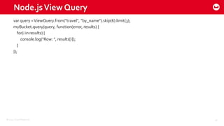 ©2015 Couchbase Inc. 18
Node.jsView Query
var query =ViewQuery.from("travel", "by_name").skip(6).limit(3);
myBucket.query(query, function(error, results) {
for(i in results) {
console.log("Row: ", results[i]);
}
});
 