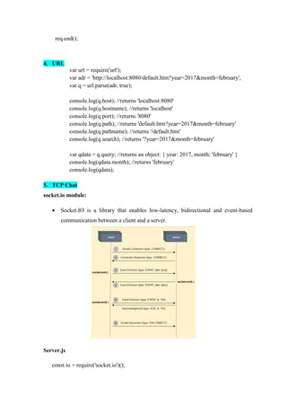 req.end();
4. URL
var url = require('url');
var adr = 'http://localhost:8080/default.htm?year=2017&month=february';
var q = url.parse(adr, true);
console.log(q.host); //returns 'localhost:8080'
console.log(q.hostname); //returns 'localhost'
console.log(q.port); //returns '8080'
console.log(q.path); //returns 'default.htm?year=2017&month=february'
console.log(q.pathname); //returns '/default.htm'
console.log(q.search); //returns '?year=2017&month=february'
var qdata = q.query; //returns an object: { year: 2017, month: 'february' }
console.log(qdata.month); //returns 'february'
console.log(qdata);
5. TCP Chat
socket.io module:
 Socket.IO is a library that enables low-latency, bidirectional and event-based
communication between a client and a server.
Server.js
const io = require('socket.io')();
 