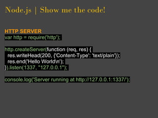 Node.js | Show me the code!

HTTP SERVER
var http = require('http');

http.createServer(function (req, res) {
  res.writeHead(200, {'Content-Type': 'text/plain'});
  res.end('Hello Worldn');
}).listen(1337, "127.0.0.1");

console.log('Server running at http://127.0.0.1:1337/');
 
