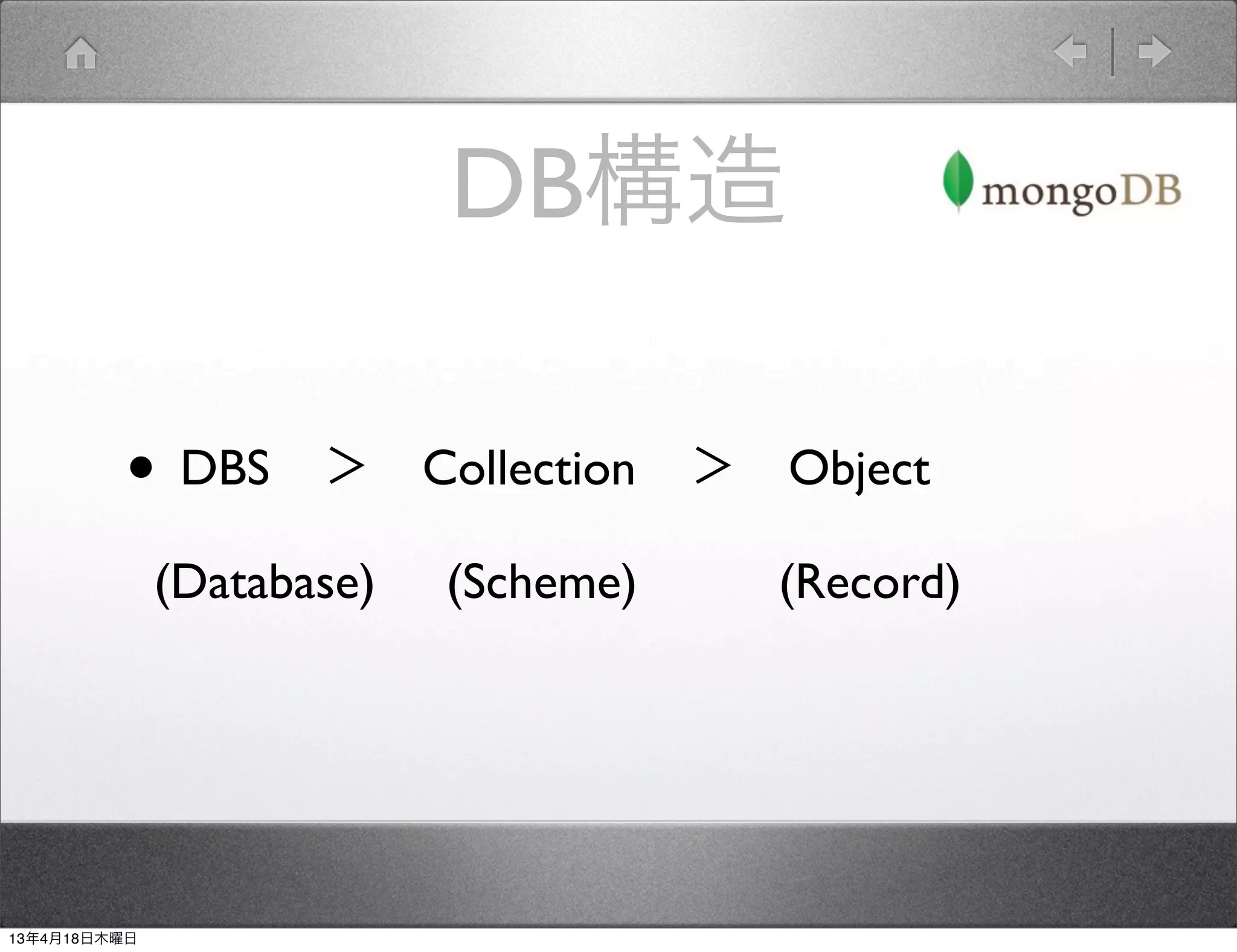 DB構造

         • DBS ＞ Collection ＞ Object
              (Database)   (Scheme)   (Record)




13年4月18日木曜日
 