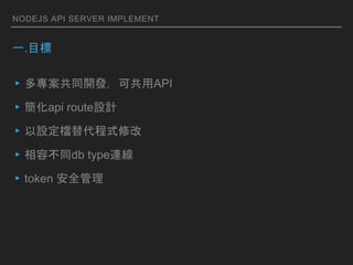 NODEJS API SERVER IMPLEMENT
һ.Ŀ
?ͬ_lɹAPI
?api routeOӋ
?Onʽ޸
?ݲͬdb typeB
?token ȫ
 