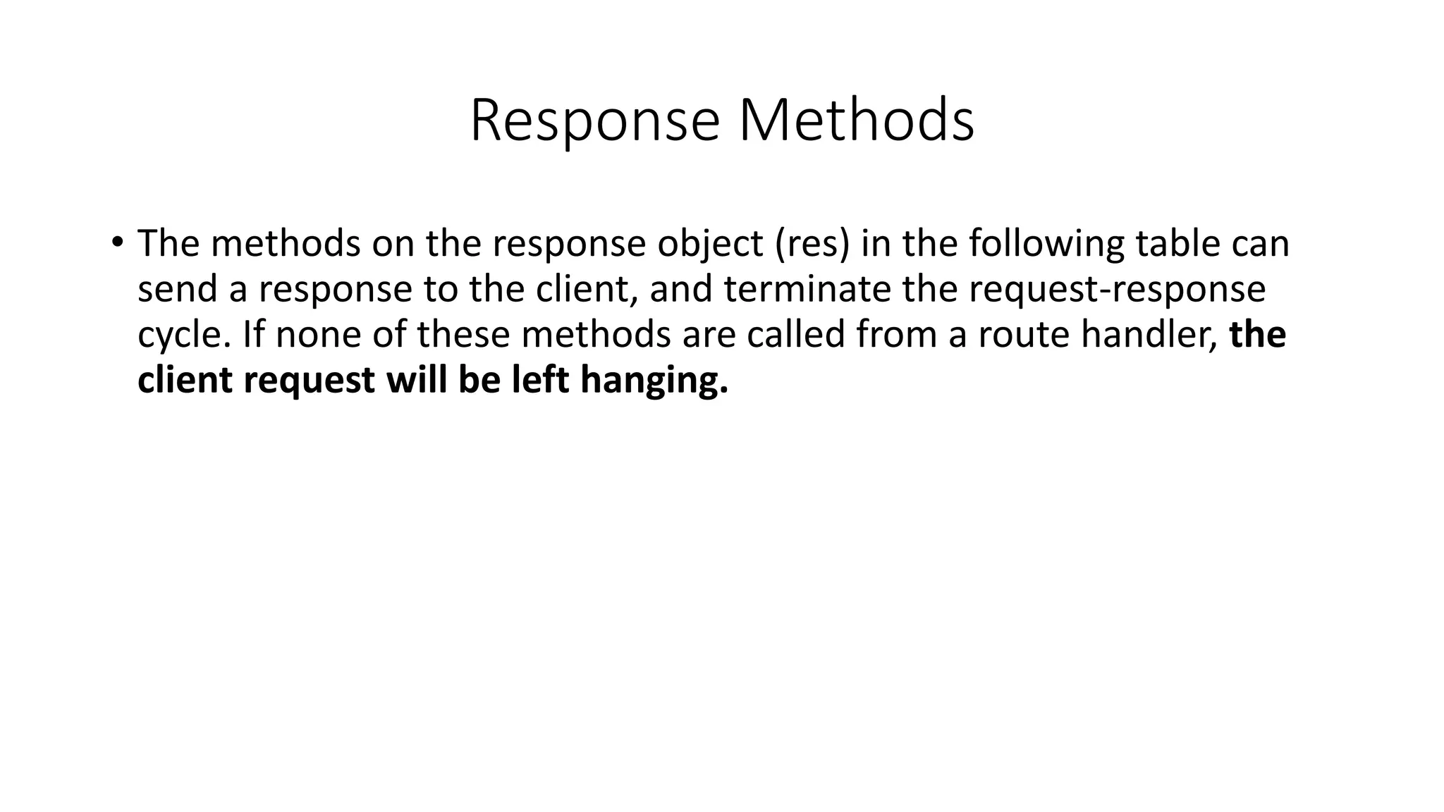 Response Methods
• The methods on the response object (res) in the following table can
send a response to the client, and terminate the request-response
cycle. If none of these methods are called from a route handler, the
client request will be left hanging.
 