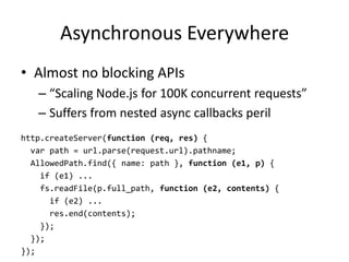 Asynchronous Everywhere
• Almost no blocking APIs
   – “Scaling Node.js for 100K concurrent requests”
   – Suffers from nested async callbacks peril
http.createServer(function (req, res) {
  var path = url.parse(request.url).pathname;
  AllowedPath.find({ name: path }, function (e1, p) {
    if (e1) ...
    fs.readFile(p.full_path, function (e2, contents) {
      if (e2) ...
      res.end(contents);
    });
  });
});
 