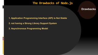 The Drawbacks of Node.js
Drawbacks
1. Application Programming Interface (API) is Not Stable
2. not having a Strong Library Support System
3. Asynchronous Programming Model
 